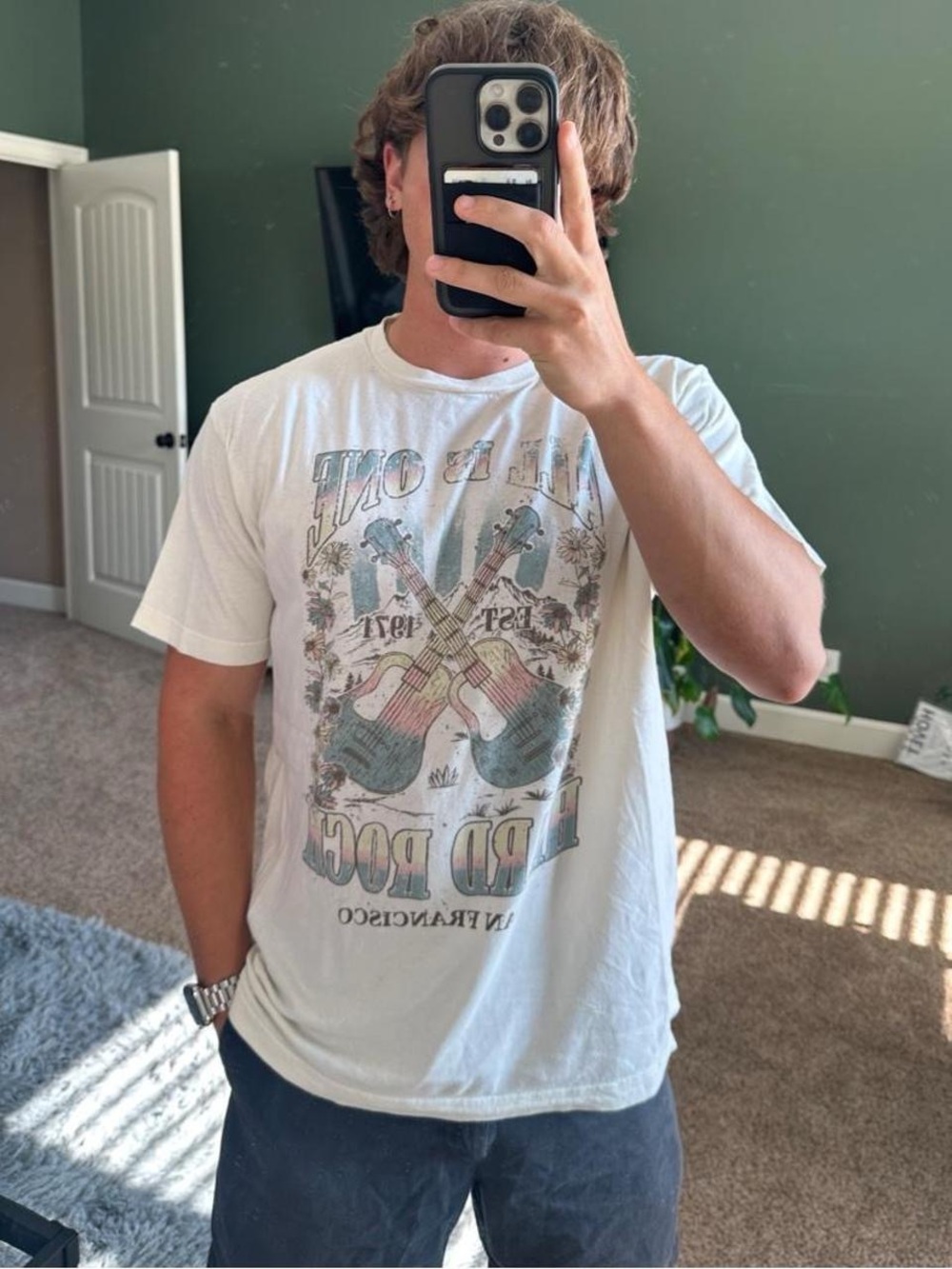 Hard Rock Cafe White Tee with Pastel Guitar Graphic
